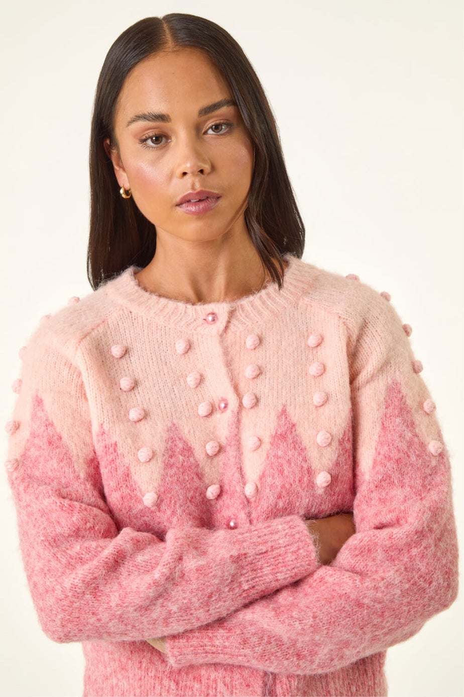Roman Pink Petite Bobble Buttoned Knit Cardigan