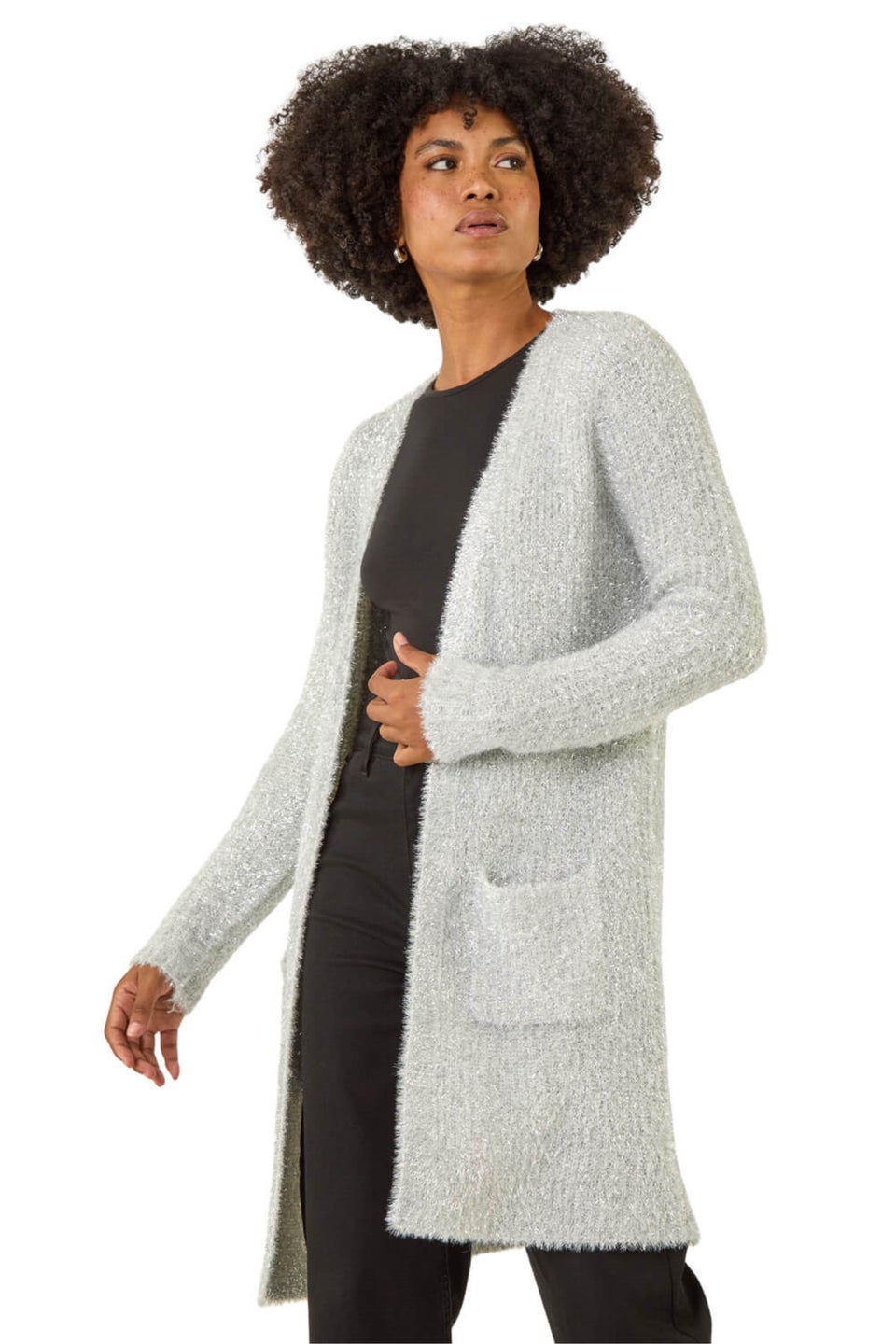 Roman Silver Metallic Longline Knit Cardigan