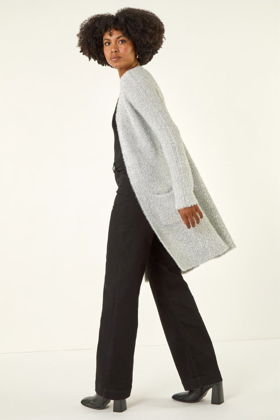 Roman Silver Metallic Longline Knit Cardigan