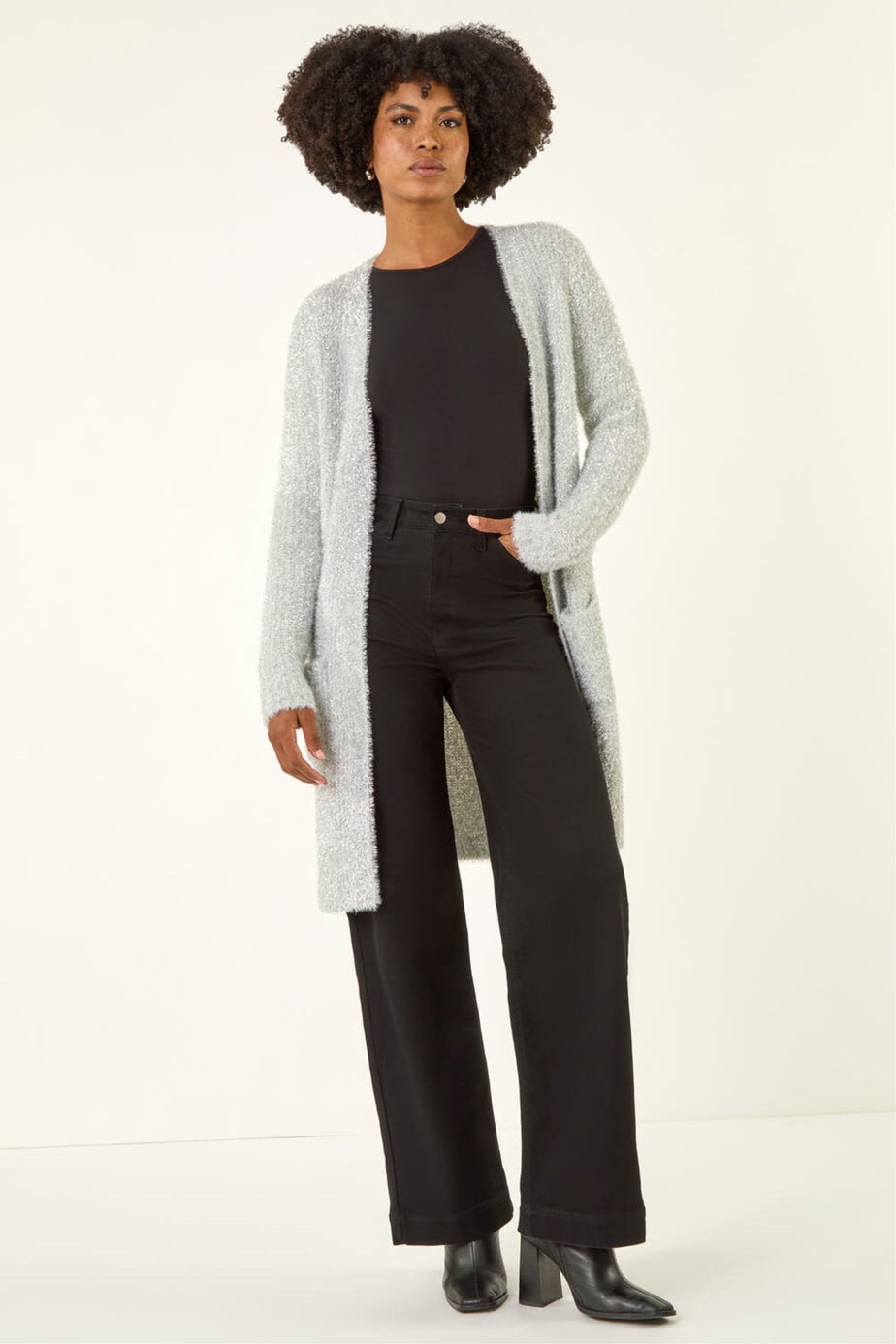 Roman Silver Metallic Longline Knit Cardigan