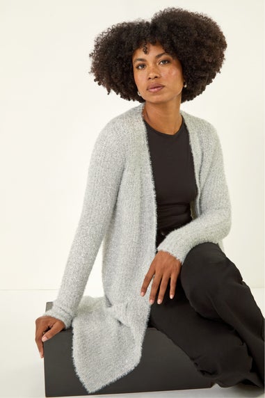 Roman Silver Metallic Longline Knit Cardigan