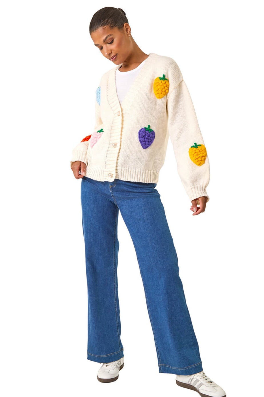 Roman Ivory Fruit Embroidered Knit Cardigan