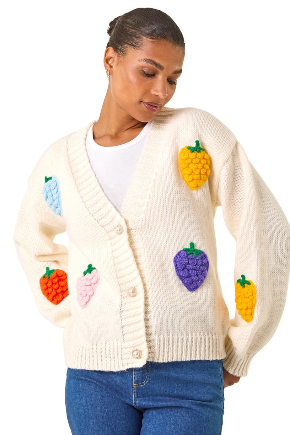 Roman Ivory Fruit Embroidered Knit Cardigan