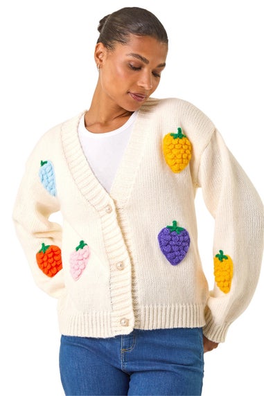 Roman Ivory Fruit Embroidered Knit Cardigan