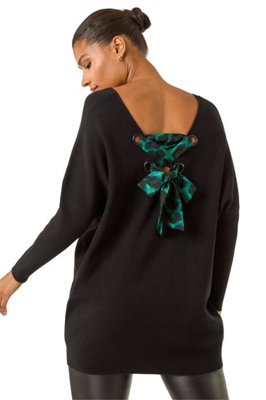 Roman Black Animal Print Eyelet Back Knit Jumper