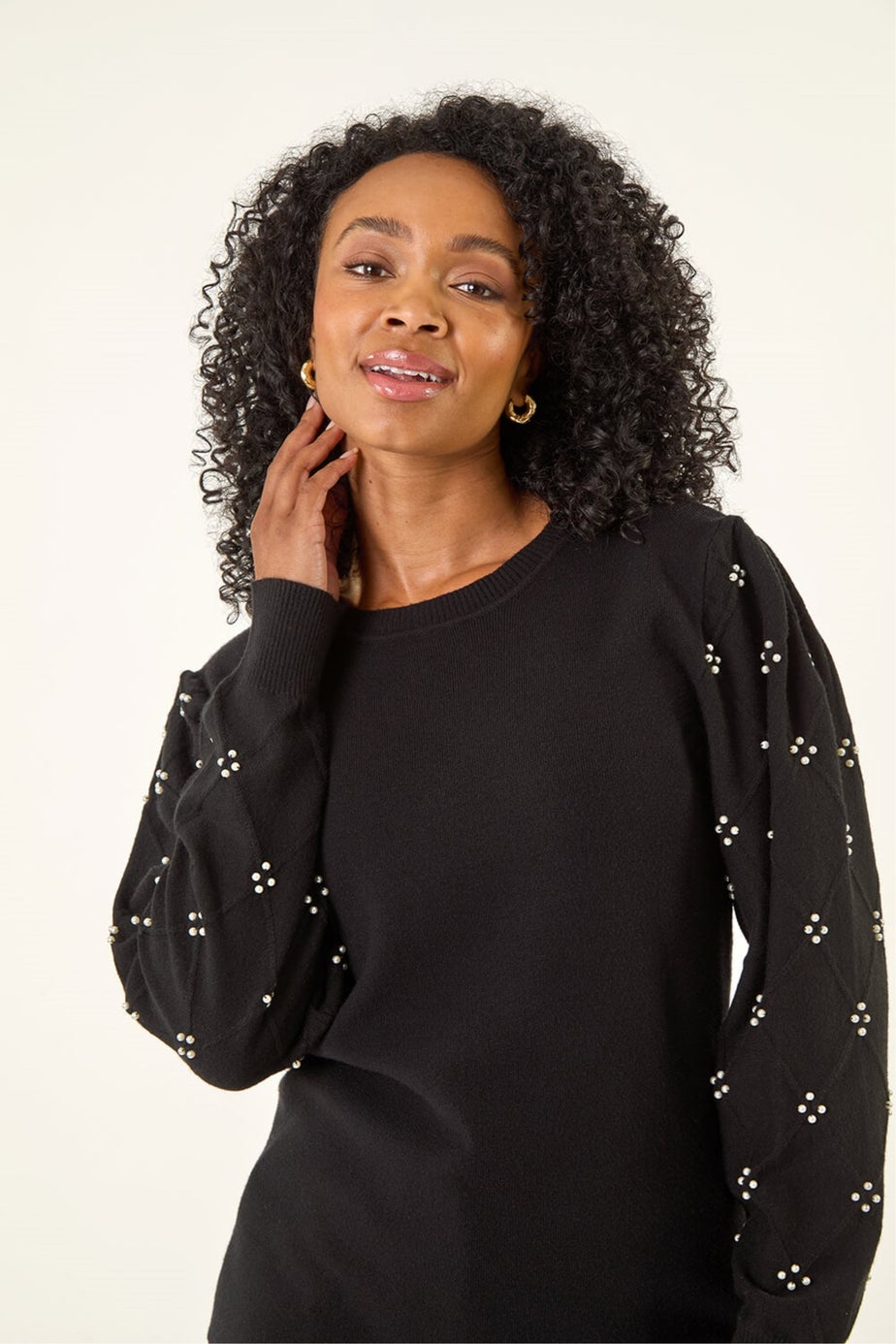 Roman Black Petite Faux Pearl Contrast Cable Knit Jumper