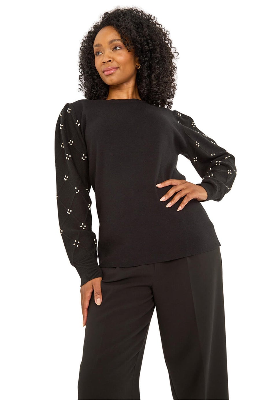 Roman Black Petite Faux Pearl Contrast Cable Knit Jumper