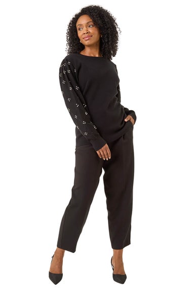 Roman Black Petite Faux Pearl Contrast Cable Knit Jumper