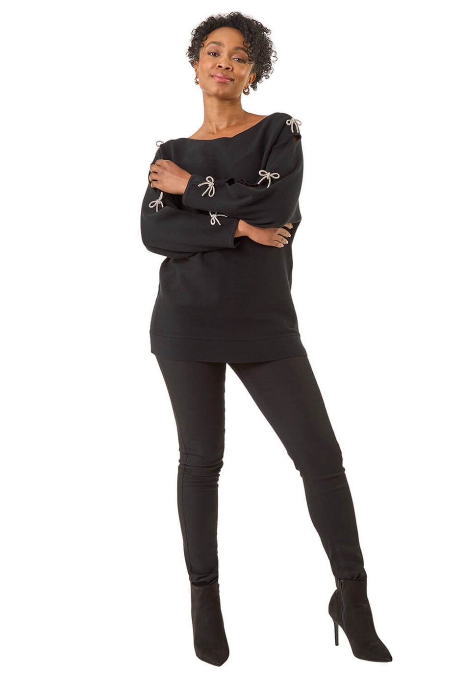 Roman Black Petite Bow Trim Sleeve Knit Jumper