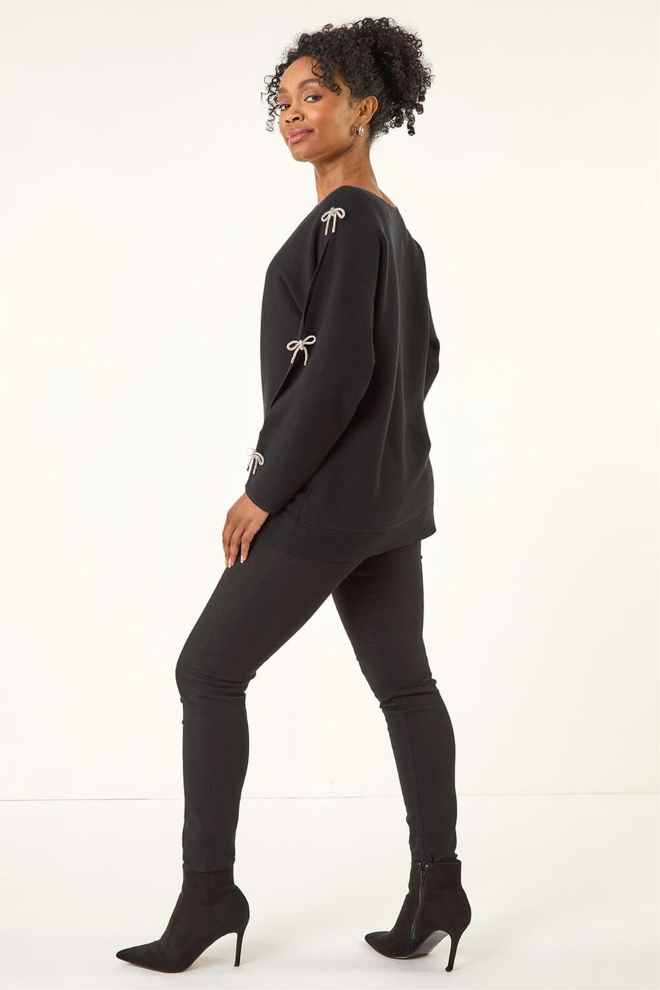 Roman Black Petite Bow Trim Sleeve Knit Jumper
