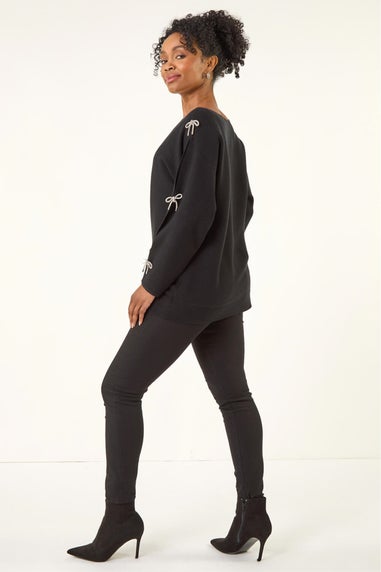 Roman Black Petite Bow Trim Sleeve Knit Jumper