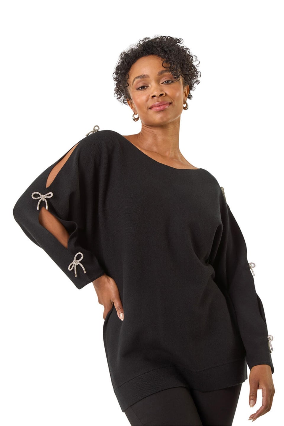 Roman Black Petite Bow Trim Sleeve Knit Jumper