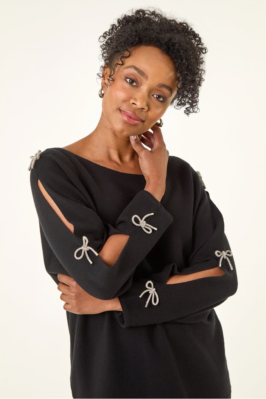 Roman Black Petite Bow Trim Sleeve Knit Jumper