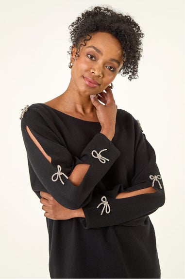 Roman Black Petite Bow Trim Sleeve Knit Jumper