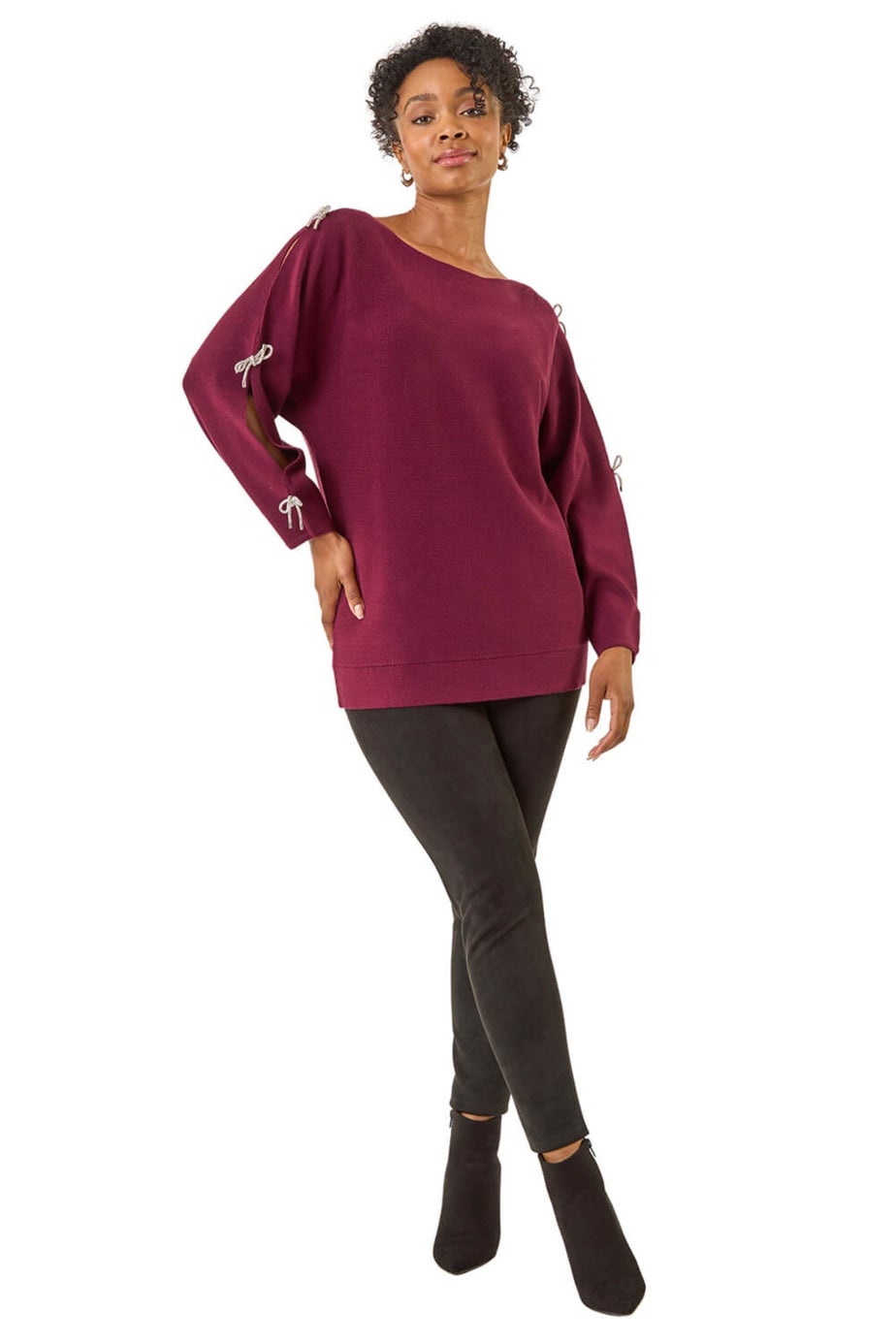 Roman Wine Petite Bow Trim Sleeve Knit Jumper