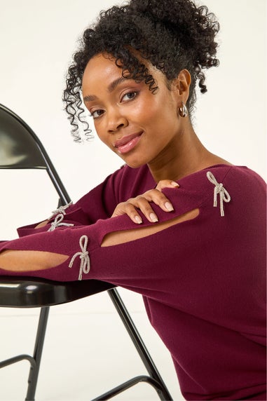 Roman Wine Petite Bow Trim Sleeve Knit Jumper