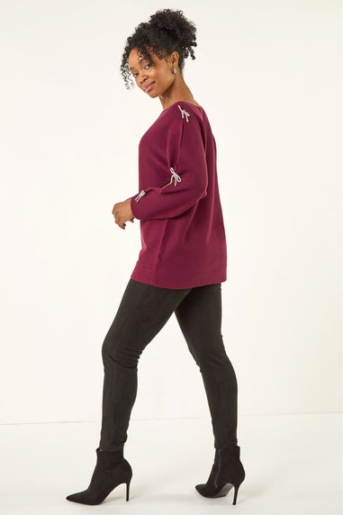 Roman Wine Petite Bow Trim Sleeve Knit Jumper