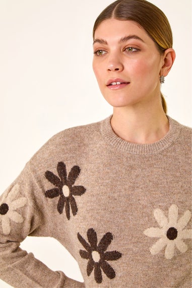 Roman Beige Floral Print Crew Neck Knit Jumper