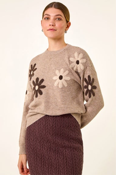 Roman Beige Floral Print Crew Neck Knit Jumper