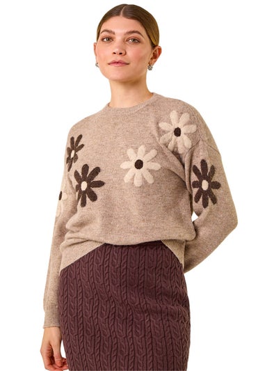 Roman Beige Floral Print Crew Neck Knit Jumper