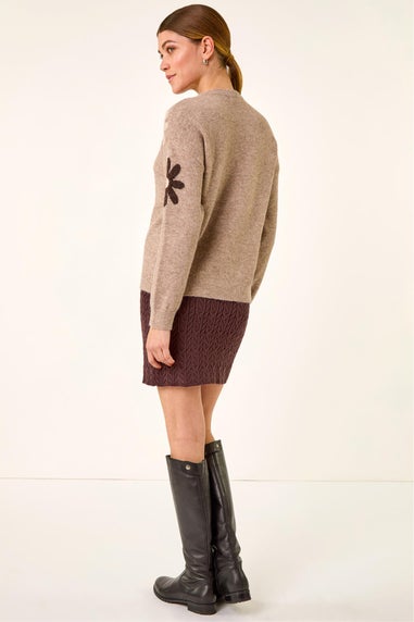 Roman Beige Floral Print Crew Neck Knit Jumper