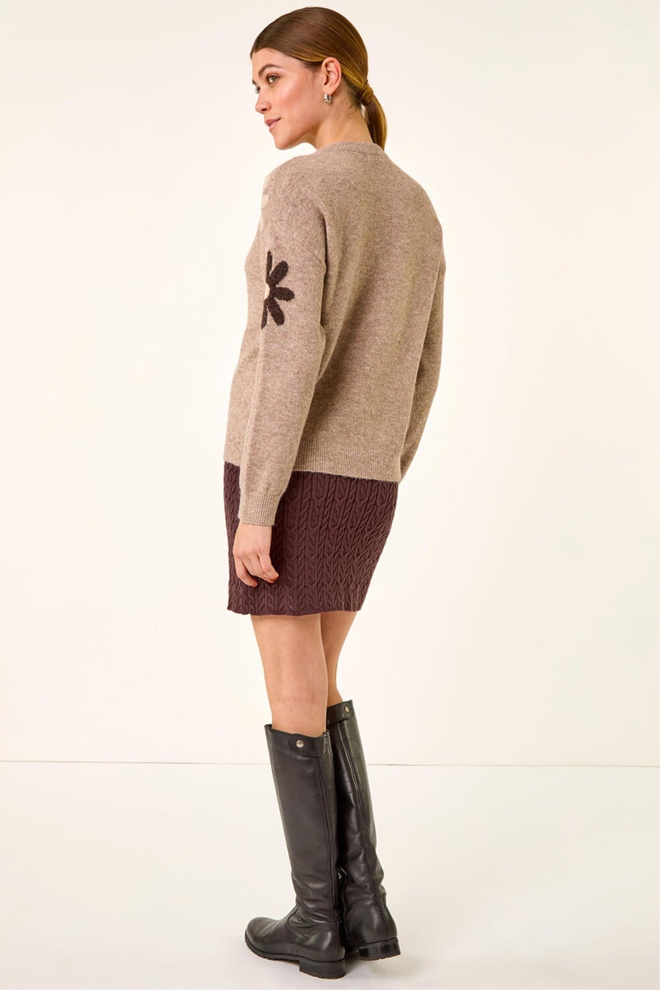 Roman Beige Floral Print Crew Neck Knit Jumper