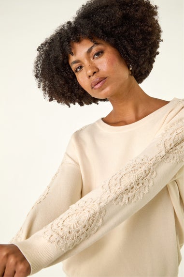 Roman Ivory Embroidered Sleeve Knit Jumper