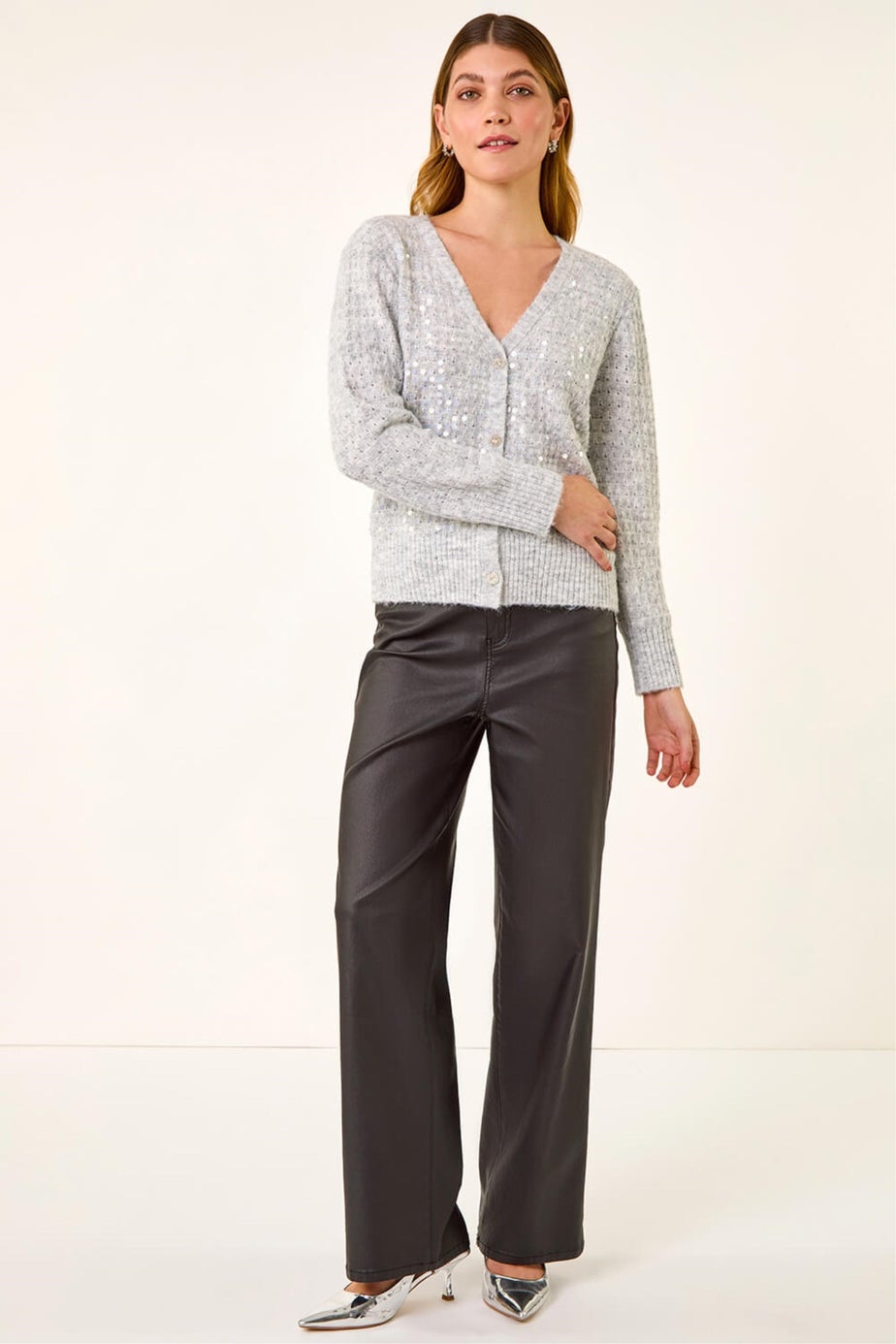 Roman Grey Buttoned Sequin Knit Cardigan