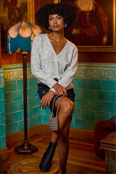 Roman Grey Buttoned Sequin Knit Cardigan