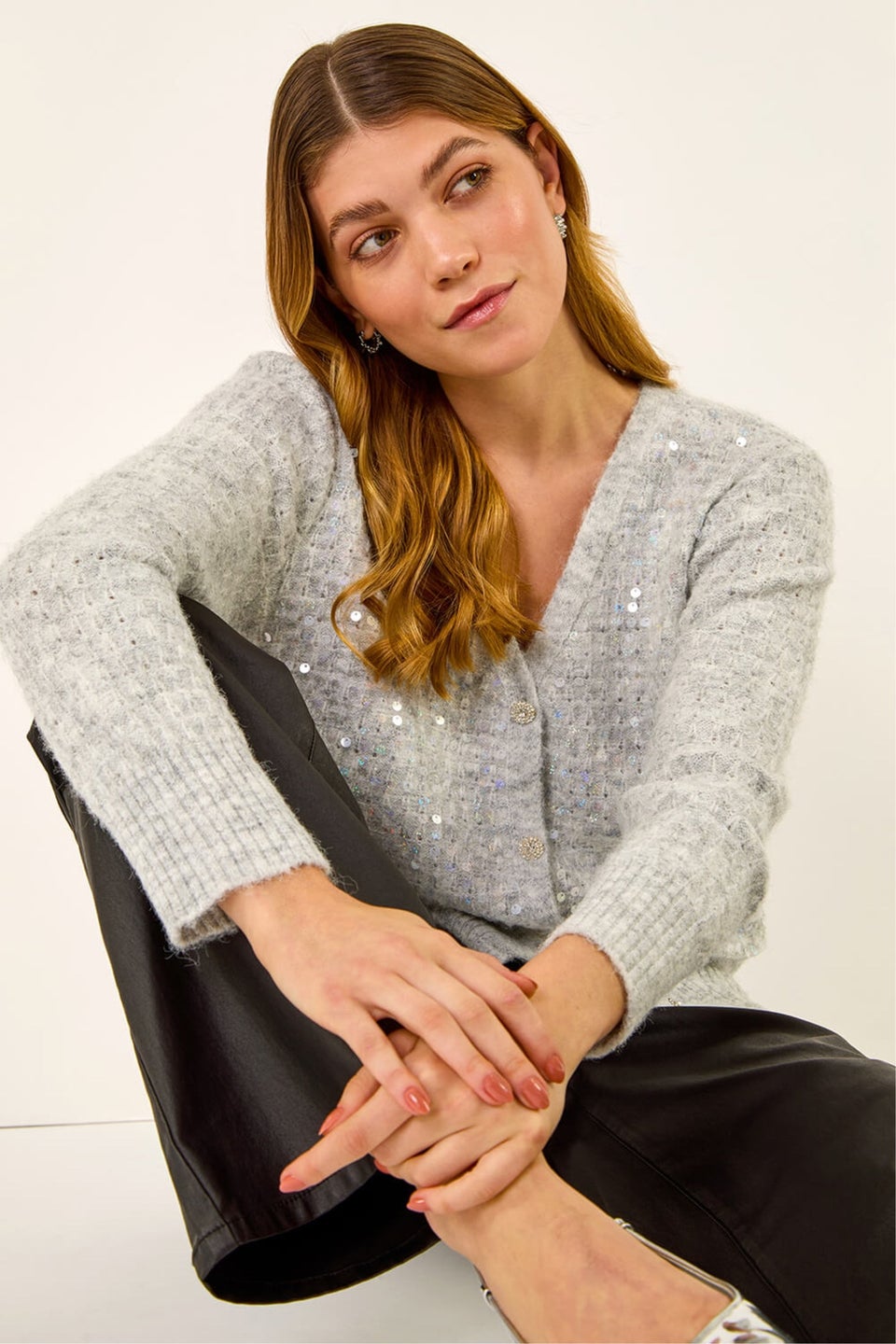 Roman Grey Buttoned Sequin Knit Cardigan