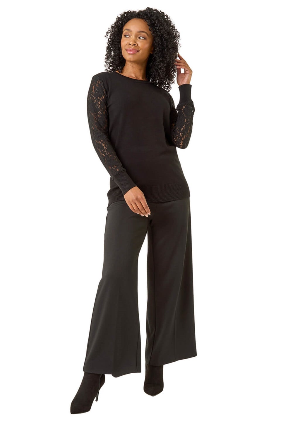 Roman Black Petite Lace Contrast Knit Jumper