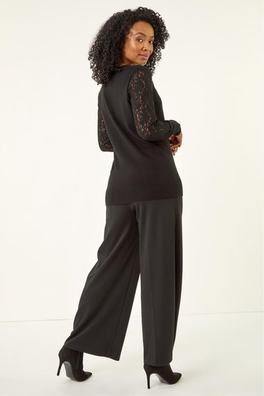 Roman Black Petite Lace Contrast Knit Jumper