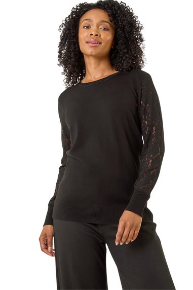 Roman Black Petite Lace Contrast Knit Jumper