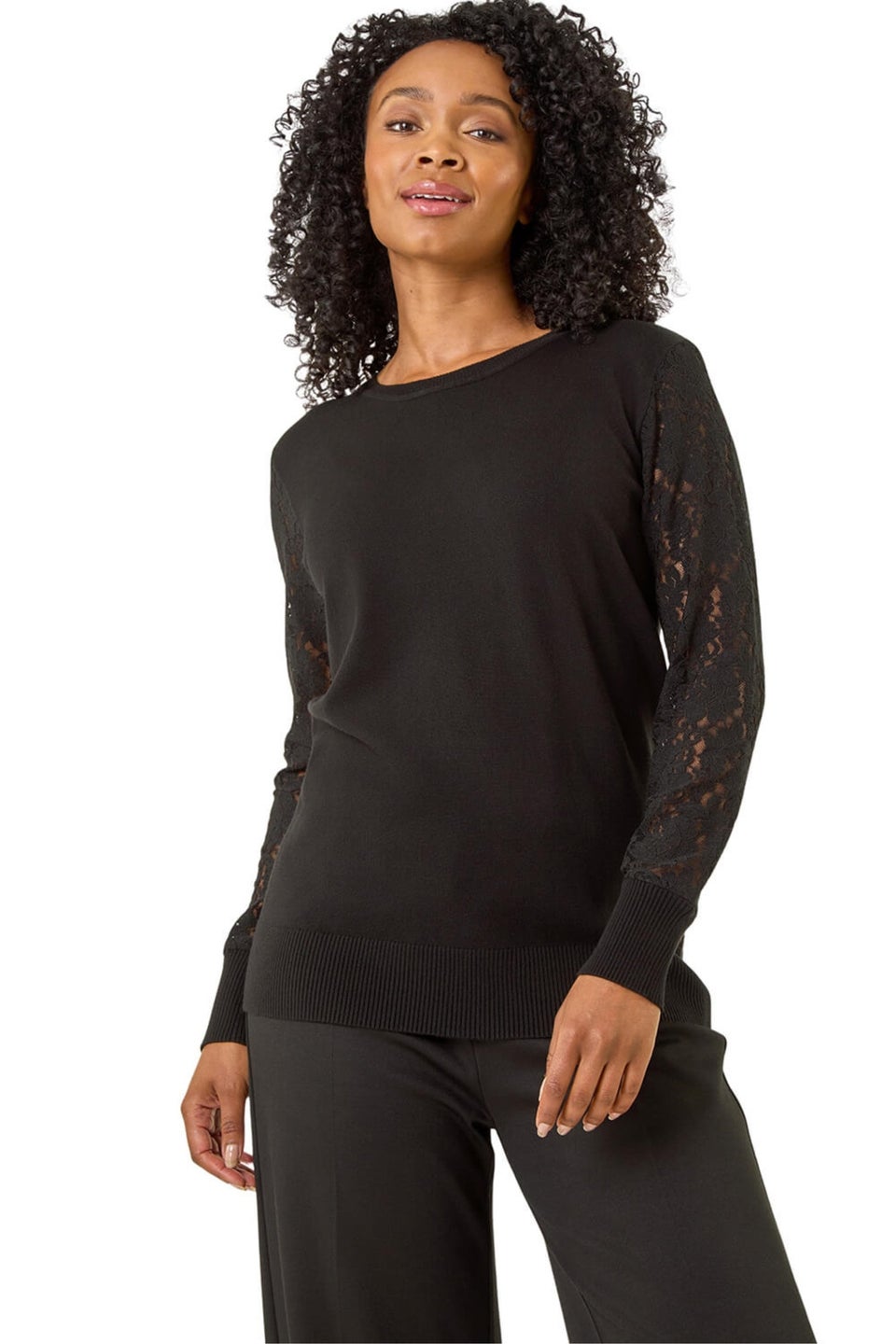 Roman Black Petite Lace Contrast Knit Jumper