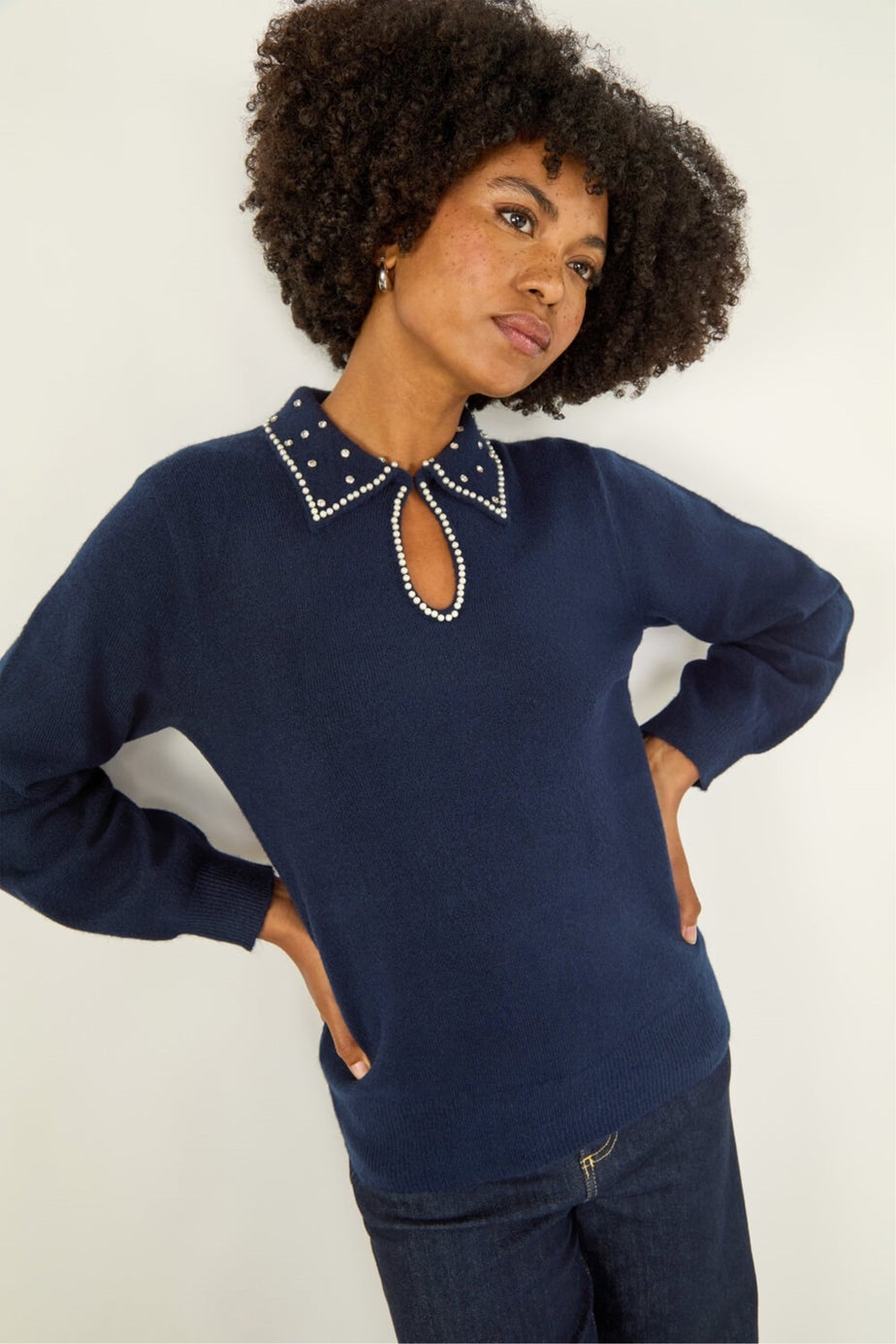 Roman Navy Faux Pearl Collared Keyhole Knit Jumper