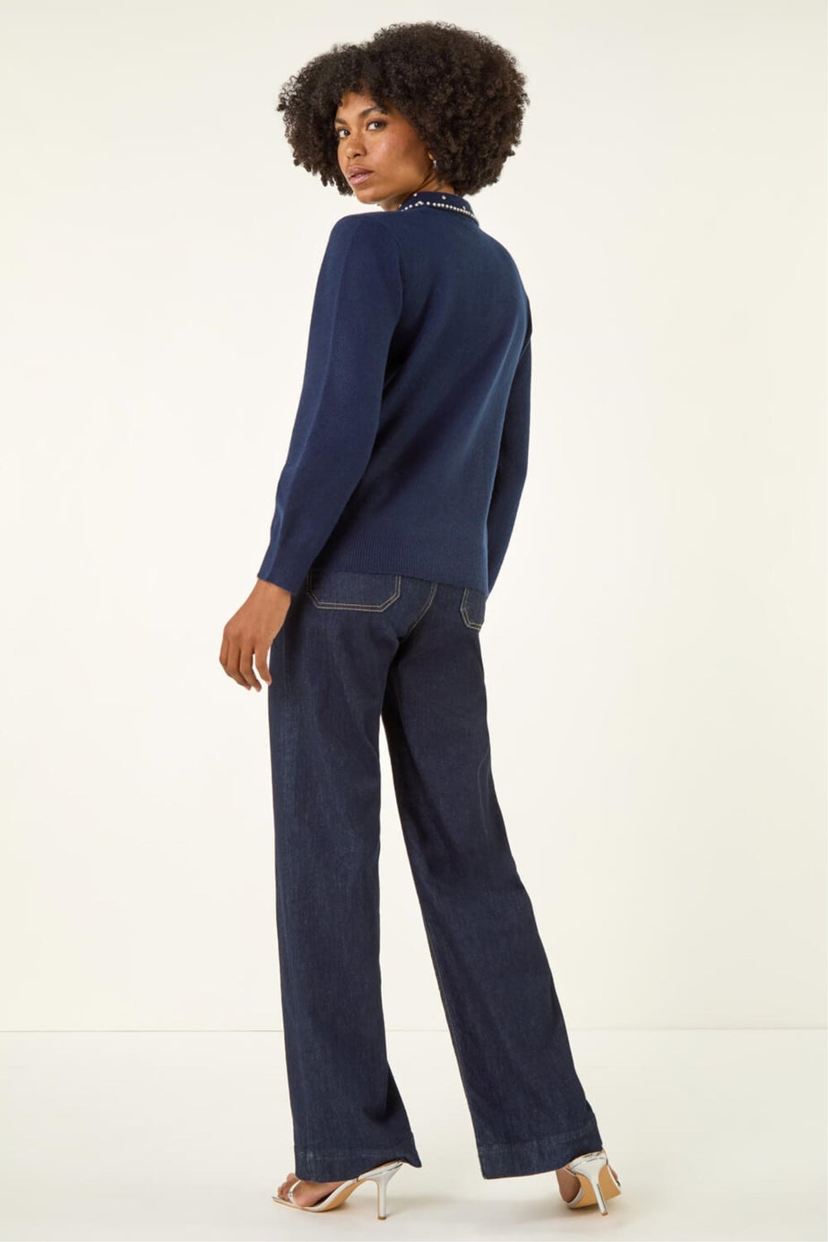 Roman Navy Faux Pearl Collared Keyhole Knit Jumper