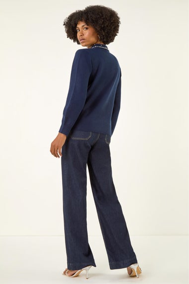 Roman Navy Faux Pearl Collared Keyhole Knit Jumper