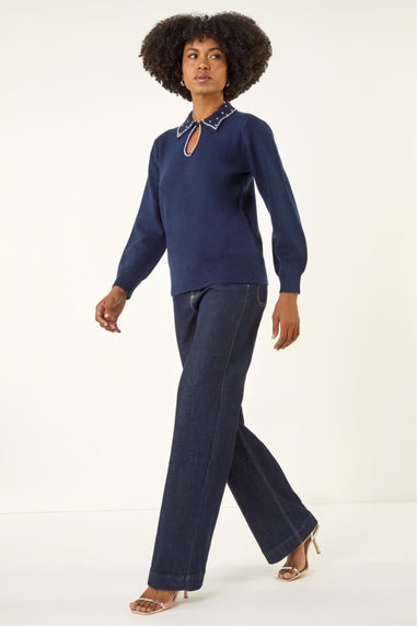 Roman Navy Faux Pearl Collared Keyhole Knit Jumper