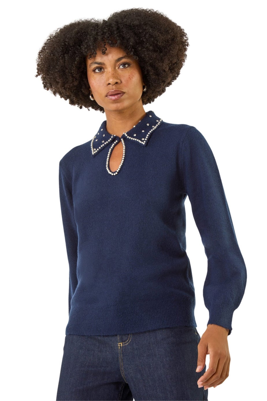 Roman Navy Faux Pearl Collared Keyhole Knit Jumper