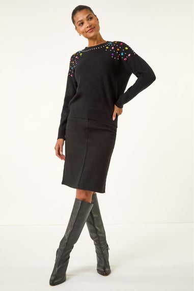 Roman Black Embellished Shoulder Knit Jumper