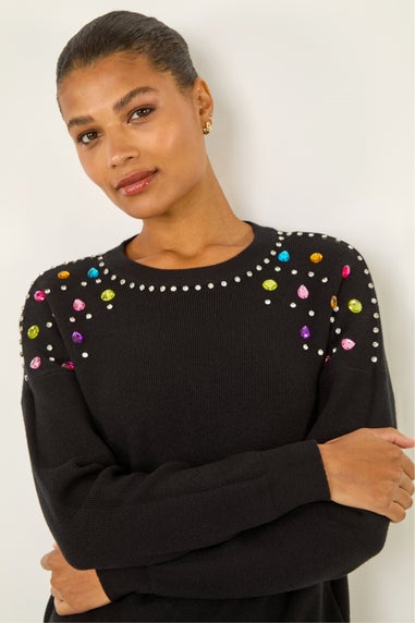 Roman Black Embellished Shoulder Knit Jumper