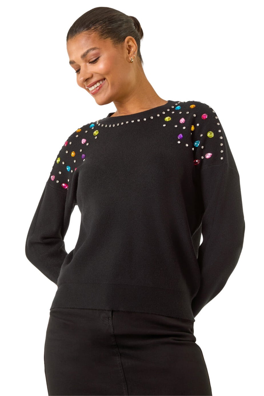 Roman Black Embellished Shoulder Knit Jumper