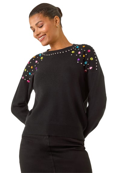 Roman Black Embellished Shoulder Knit Jumper