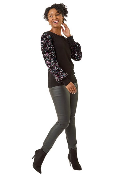 Roman Black Petite Contrast Sequin Knit Jumper