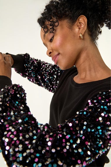 Roman Black Petite Contrast Sequin Knit Jumper