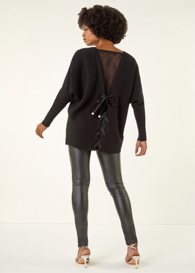Roman Black V-Neck Lace Back Knit Jumper
