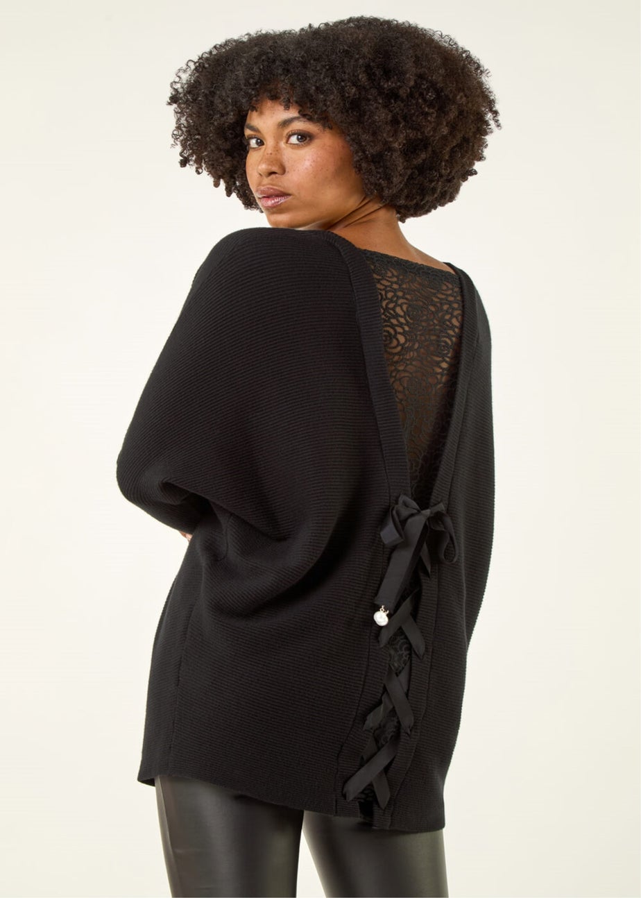 Roman Black V-Neck Lace Back Knit Jumper