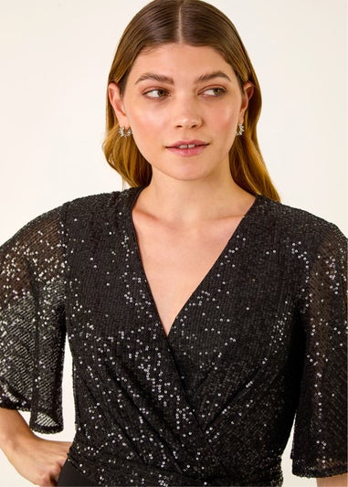 Roman Black Sequin Flutter Sleeve Stretch Jumpsuit