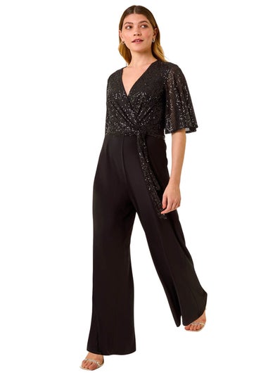 Roman Black Sequin Flutter Sleeve Stretch Jumpsuit