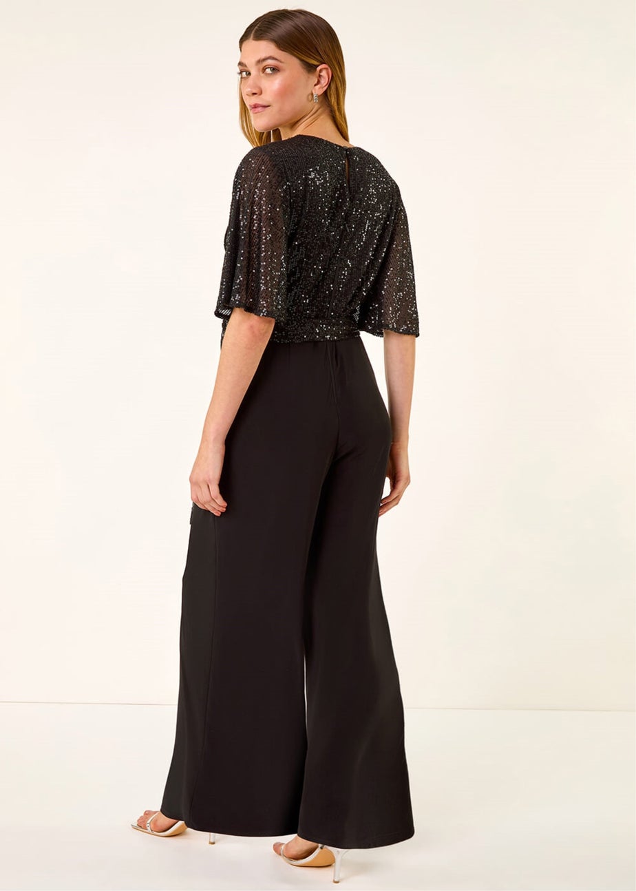 Roman Black Sequin Flutter Sleeve Stretch Jumpsuit